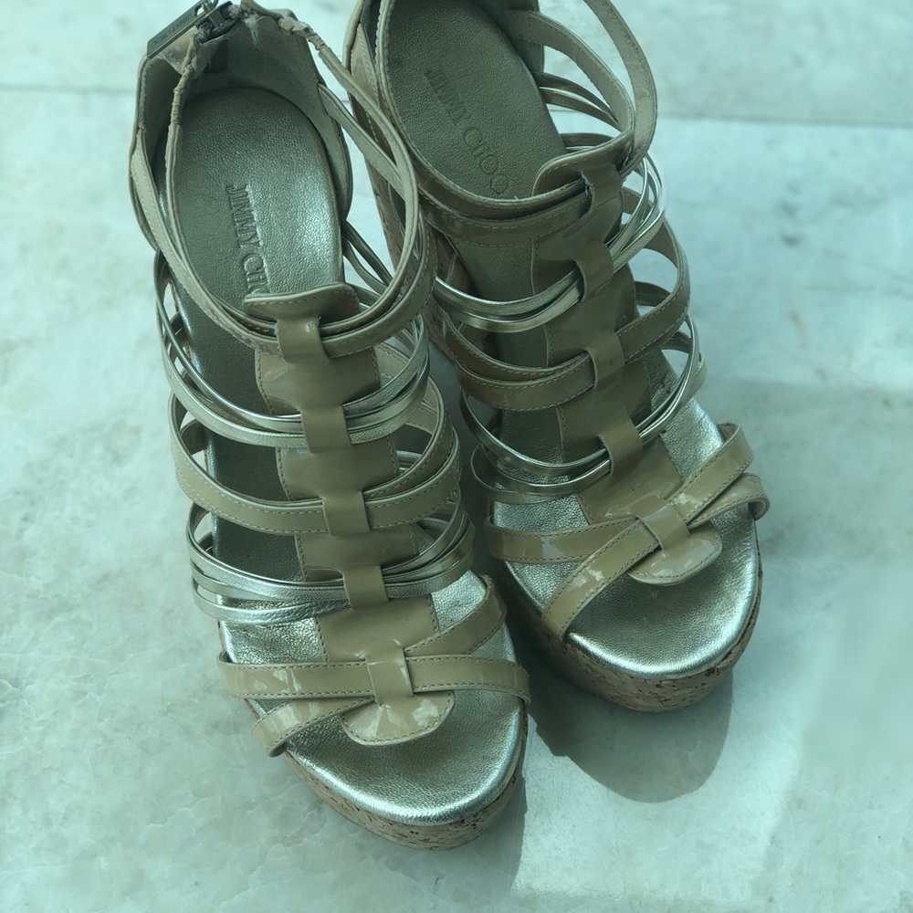 Jimmy Choo Gold Nude strappy cork Weges - Picture 6 of 8